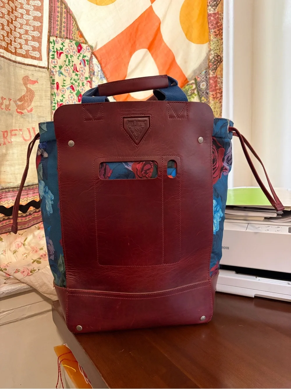 John Fluevog Leather & Floral Canvas Large Tote Bag